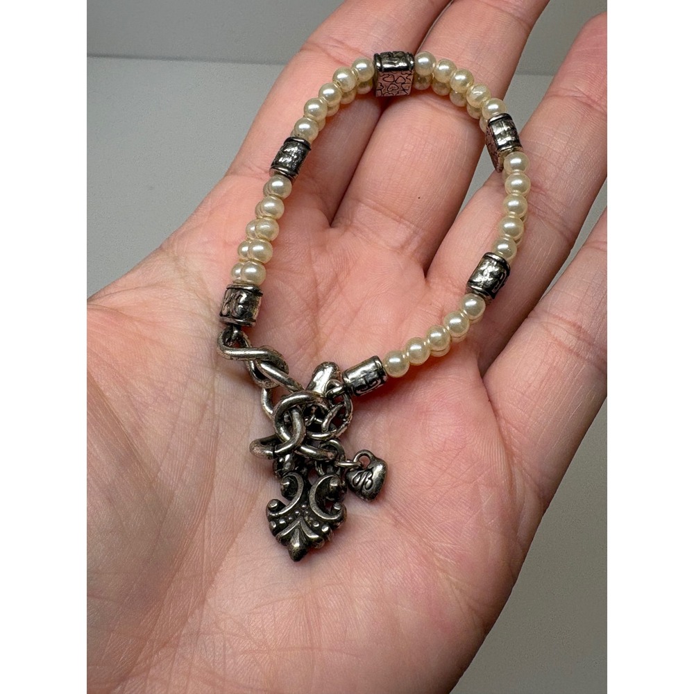 Brighton Fleur-de-Lis Heart Charm Stretch Bracelet Silver Tone Cream Pearl